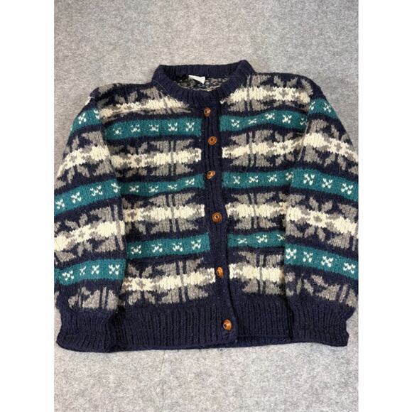 Vintage Indian Weavings Wool Cardigan Women L Chunky Knit Fair Isle Cozy Sweater - Picture 1 of 4